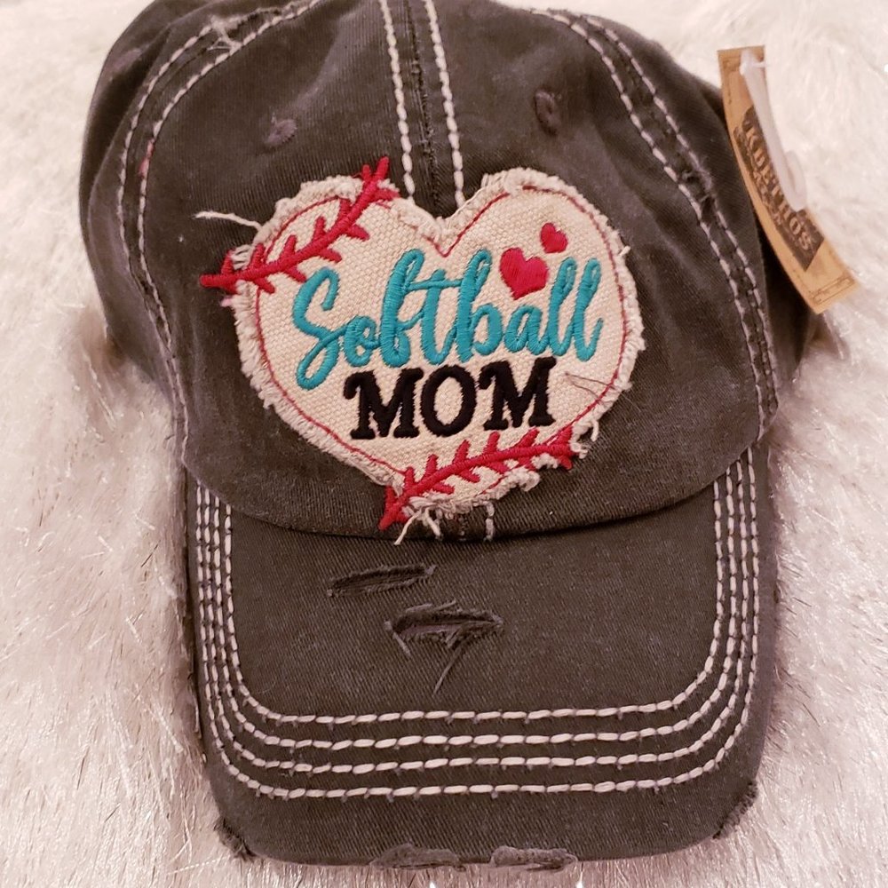 Grey & Blue 'Softball Mom' Distressed Ball Cap